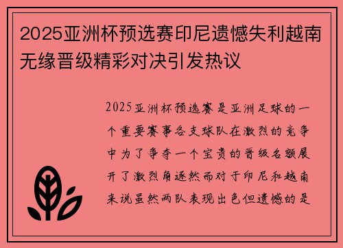 2025亚洲杯预选赛印尼遗憾失利越南无缘晋级精彩对决引发热议